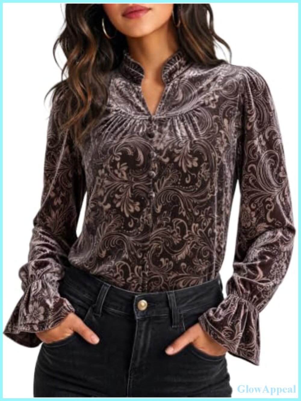 Velvet Ruffle V Neck Long Sleeve Blouse Party Top